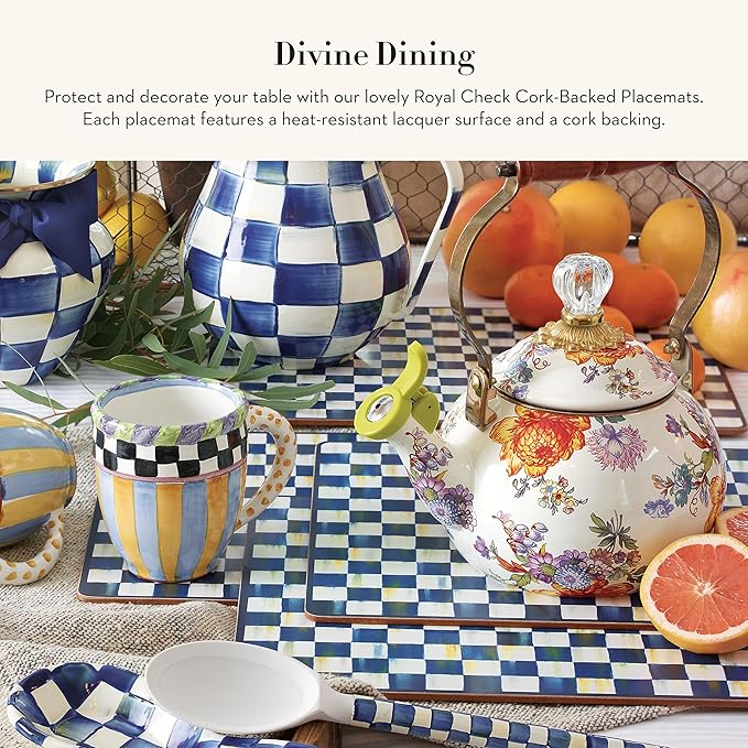 MACKENZIE-CHILDS Set of 4 Cork-Back Placemats, Hard-Finish Table Mats, Blue-and-White Royal Check