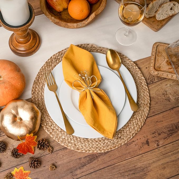 Blue Needles Solid Cloth Napkins Set of 12 Golden Yellow 100% Cotton Dinner Napkins 18x18 inches - Soft, Reusable, Absorbent & Washable Linen Ideal for Wedding Events, Parties & Everyday Use