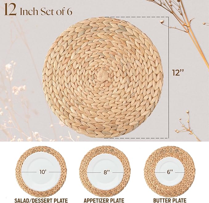 12" Water Hyacinth Woven Round Placemats Set of 6 - Wicker Boho Farmhouse Placemats - Rattan Table Mats for Dining Table, Wedding, Home