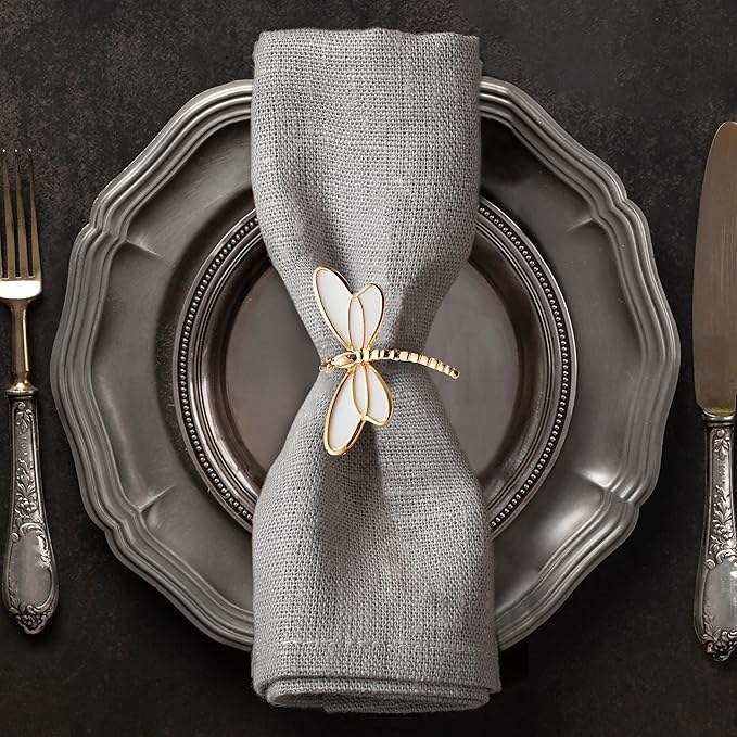 Decozen Set of 12 White Gold Napkin Rings in Dragonfly Design Festive Table Decor Setting for Holiday Wedding, Birthday, Kitchen, Home Decor Housewarming Gift - Mothers Day Decorations