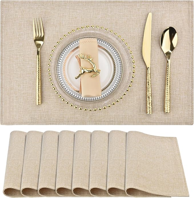 SLKQG Beige Linen Placemats Set of 8, Heat Resistant & Machine Washable Double-Layered Cloth Placemats for Dining Table, Indoor/Outdoor Use, Wrinkle-Free and Non-Slip Kitchen Table Mats (8, Beige)