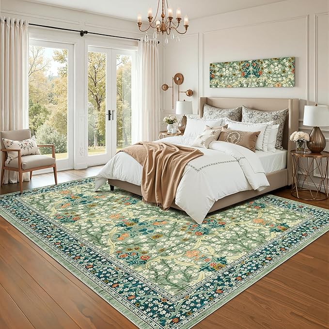 GarveeHome Washable Rug for Living Room, 9x12 Large Area Rug for Dining Room Under Table, Bedroom, Floral Soft Low Pile Non Slip Stain Resistant Carpet for Nursery, Playroom, Office, Sage Green