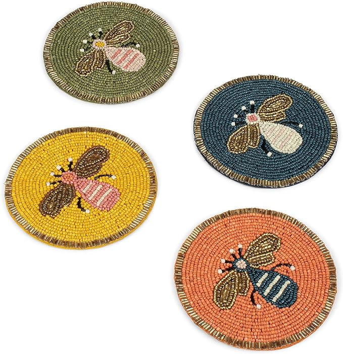 Beaded Coaster Set of 4 – Multicolor Glass-Bead Drink Coasters, Boho Table Decor for Dining & Gifting