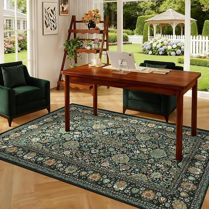 Dark Green Rug 3x5 Area Rug with Non-Slip Backing, Washable Rugs for Bedroom Living Room Kitchen, Distressed Carpet Printed Low-Pile Soft Dorm Rug Room Decor