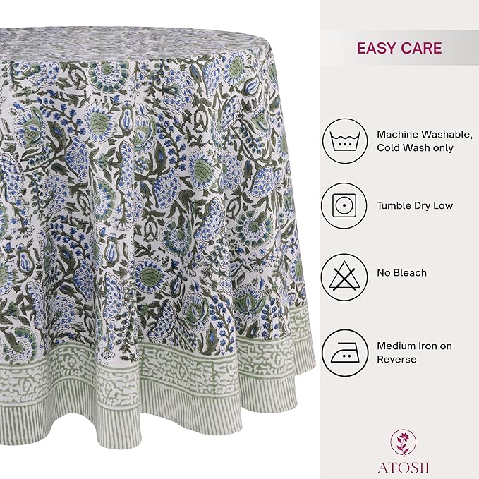 ATOSII Clover Blue 100% Cotton Round Boho Fall Tablecloth, Handblock Floral Table Cloth Linen for Kitchen Dining I Parties Weddings Outdoors Christmas Thanksgiving I 90" Inches Round I 6-8 Seater