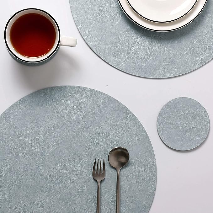 Set of 8 PU Leather Placemats, Waterproof Coffee Coasters, Kitchen Table Mats, Easy to Wipe Off for Dining Round Table