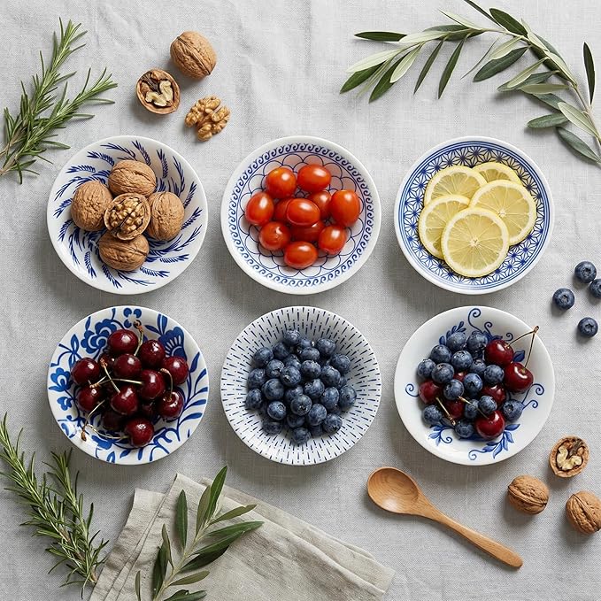 Chopstick & Dish Set, 10 Pairs 8.8 Inch Natural Bamboo Chopsticks and 12 Pcs 3.2 Inch Indigo Ceramic Dipping Bowls, Reusable Bamboo Utensils & Small Dip Plates for Sushi, Home Kitchen, Party