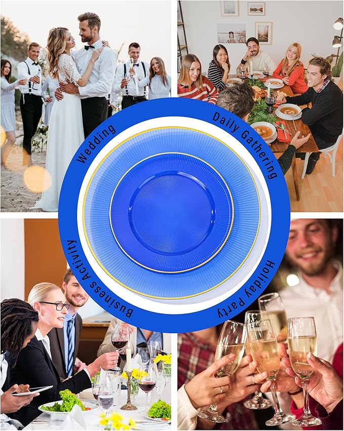 Hioasis 60pcs Blue Gold Plastic Plates - Gold Disposable Dinnerware Set, 30pcs Dinner 10.25in & 30pcs dessert 7.5in plates with striped designs for party & wedding