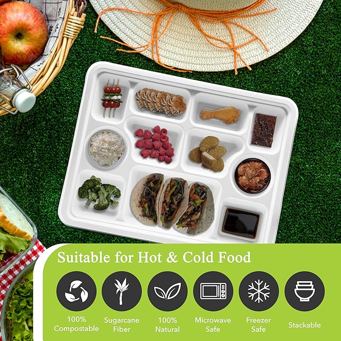 three leaf 11 Compartment Bagasse Rectangular Plate, 50 Ct. PFAS-Free, Heavy Duty, Sugarcane Fiber, Eco Friendly Disposable, 100% Biodegradable, Microwave and Freezer Safe, Ideal for Lunch, Buffet