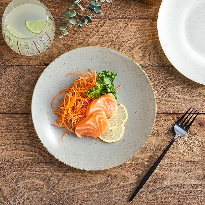 PLASTICPRO 30 Pack Disposable Plastic Plates Heavyweight Granite Look Elegant 9 inch Dinner Plates Grey with Gold Rim
