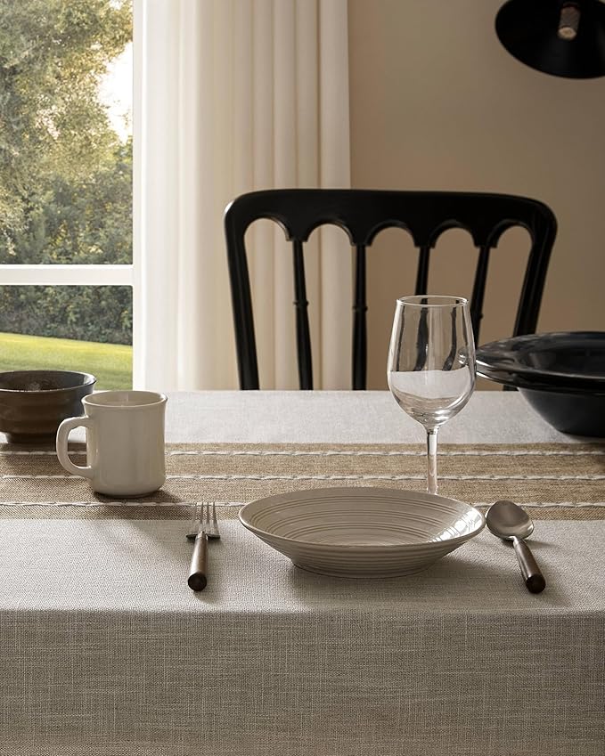 ZeeMart Contrast Linen Round Tablecloth 52 Inch Brown, Farmhouse Style Round Table Cloth Heavy Weight Beige Tablecloths, Water Resistant Burlap Table Cloths