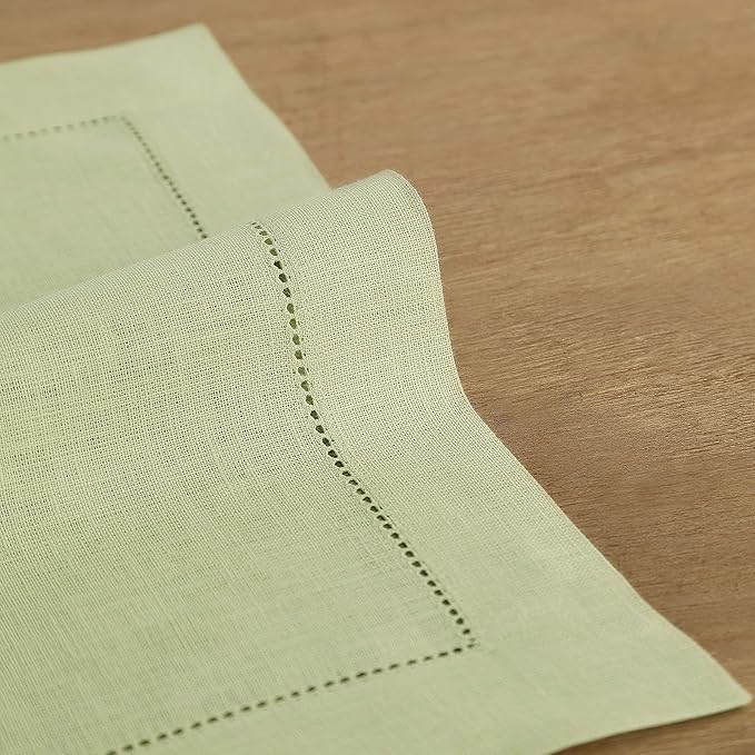 Solino Home Linen Cloth Placemats Set of 6-100% Pure Linen Hemstitch Sage Green Placemats 14 x 19 Inch - Classic Hemstitch Table Place Mats for Winter, Spring, Easter, St Patricks Day