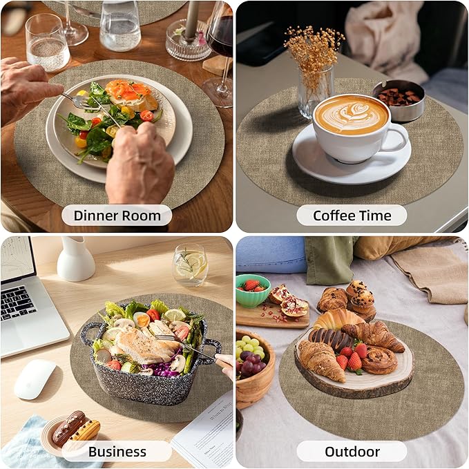 15 inch Faux Leather Round Placemats Set of 4 Non-Slip Washable Wipeable Table Mats, Heat Resistant Waterproof Oilproof Light Coffee Place Mats for Kitchen, Dining, Party, Indoor, Outdoor