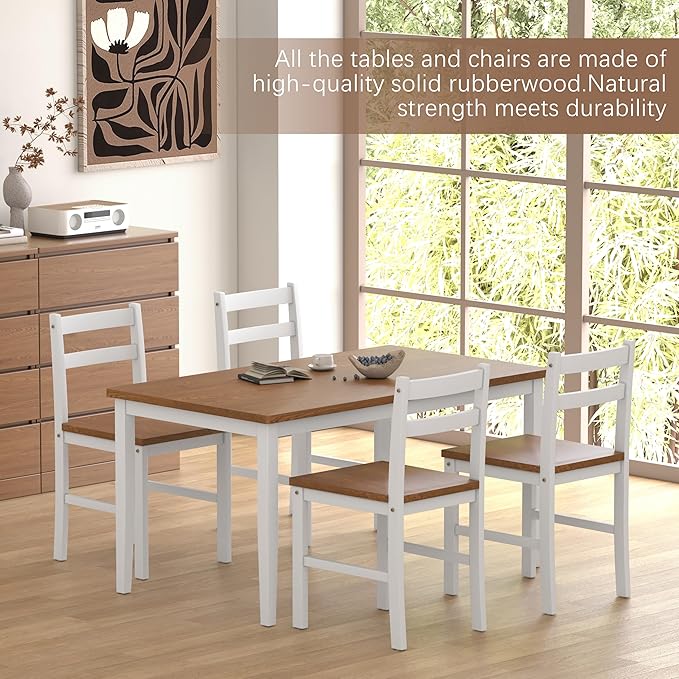 5 Piece Dining Table Set, Solid Wood Dining Table Set for 4, Farmhouse Table and 4 Chairs Set, 43.3'' Rectangular Kitchen Table Set for 4, Walnut & White
