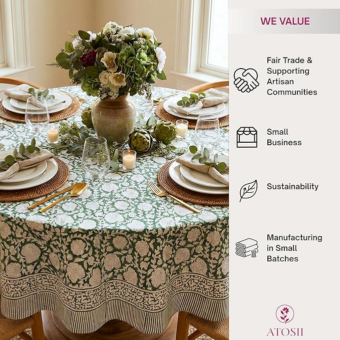 ATOSII Shalimar Green 100% Cotton Round Boho Fall Tablecloth, Handblock Floral Table Cloth Linen for Kitchen Dining I Parties Wedding Outdoors Christmas Thanksgiving I Fall Home Decor 60" Inches Round
