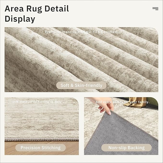 4x6 Area Rugs for Living Room, Vintage Washable Rugs for Dining Room, Bedroom, Home Office Decor, Non-Slip Beige Carpet Thin Rug