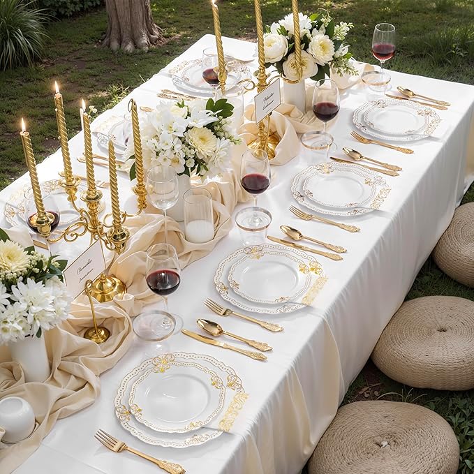 Ciaell 175 PCS White and Gold Plastic Plates - Fancy Gold Disposable Dinnerware Set with of 50 Plastic Plates, 25 Knives, 25 Forks, 25 Spoons, 25 Cups, 25 Napkins for Wedding, Party