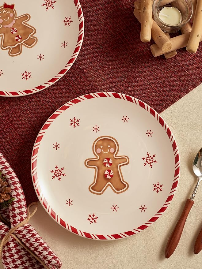 Bico Traditional Christmas Gingerbread Man Salad Plates Set of 4, 8.75 Inch Ceramic Dessert Plates for Salad, Appetizer, Side Dishes, Microwave and Dishwasher Safe, Gift for Housewarming and Christmas