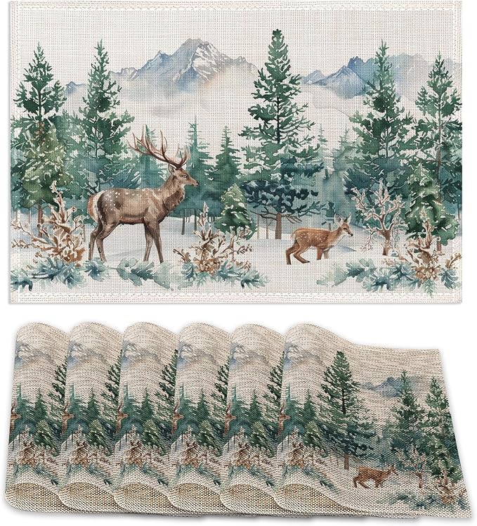 6 Pcs Placemats,Forest Mountain Placemats,Deer Trees Table Mats Washable Recyclable Table Placemat for Indoor Outdoor Heat Resistant Kitchen Dining 12"x18"