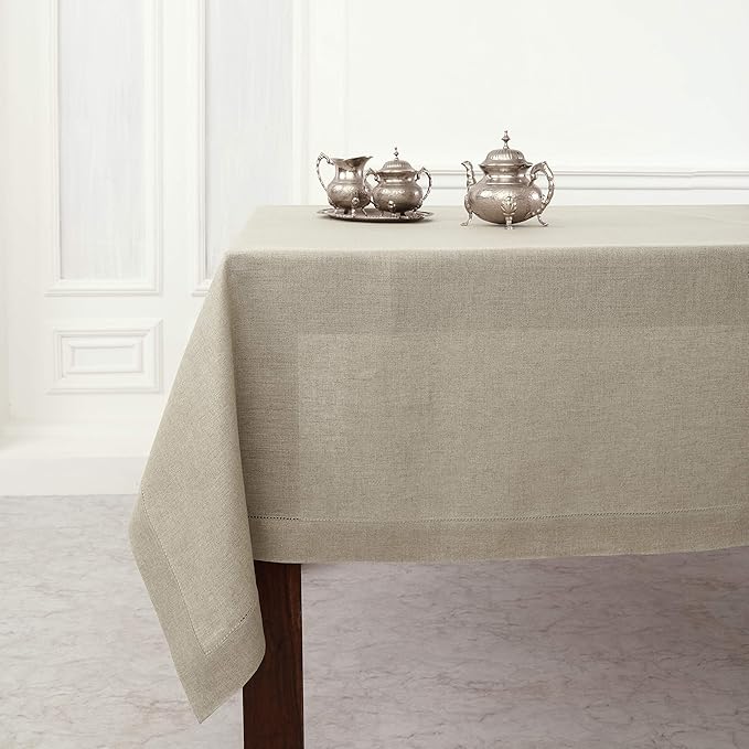 Solino Home Linen Tablecloth 60 x 108 Inch - Classic Hemstitch 100% Pure Linen Natural Table Cloth for Rectangle Tables - Machine Washable Tablecloth for Spring, Easter