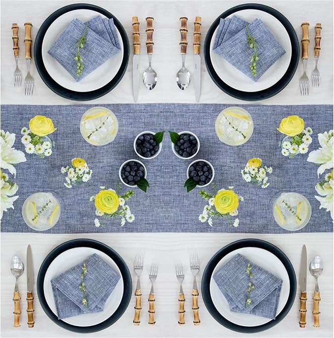 Solino Home Linen Table Runner 72 Inches Long - Athena, 100% Pure Linen Chambray Indigo Table Runner 14 x 72 Inch for Dining, Winter, Spring, Easter