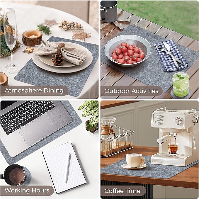 Vinyl Placemats Set of 12, Faux Leather Waterproof and Heat Resistant Place Mats, Washable Anti-Slip Table Mats with Coaster, Wipeable Placemats for Indoor & Outdoor 17" x 12" (Light Blue, Set of 12)
