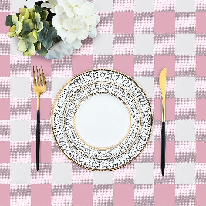 misaya Rectangle Waterproof Vinyl Table Cloth, Buffalo Flannel Backed Tablecloth, Wipeable Plastic Table Cover for Valentine's Day, Dinner, Kitchen, Outdoor (60" x 102", Pink and White)