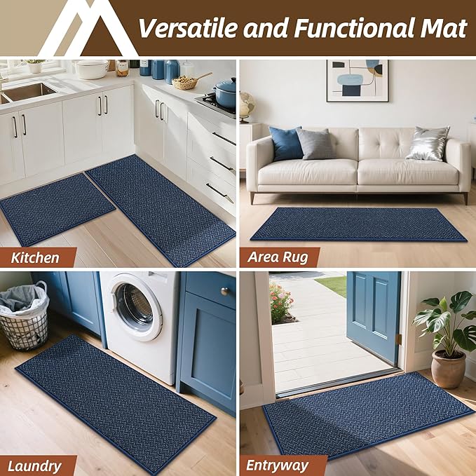 COSY HOMEER Kitchen Rugs and Mats 2PCS Non Slip Kitchen Mats for Floor Washable Stain Resistant Kitchen Runner Rug Sets Absorbent Kitchen Floor Mat 20"x32"+20"x48",Navy Blue