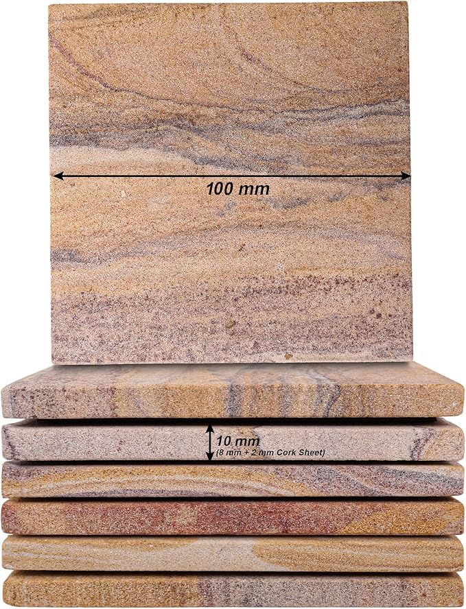 Sandstone Water Absorbent Hand Crafted Square Coasters for Drinks - 4 Inches Wide Thirsty Stone Bar/Drink Coasters- Made from Rainbow Sandstone (Set of 6 with Holder)