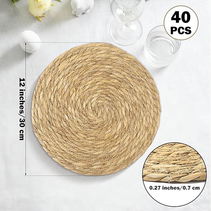Elcoho 40 Pieces Round Woven Placemats 12 Inch Boho Rattan Placemats Farmhouse Braided Place Mats Woven Plate Chargers Rustic Wicker Table Mats for Dining Table