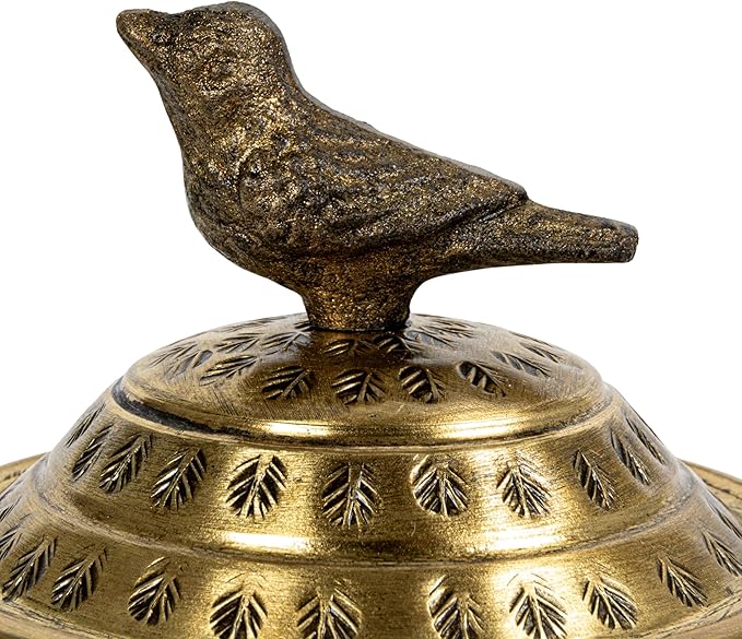 Round Hammered Metal Container with Bird Finial, Brass Finish