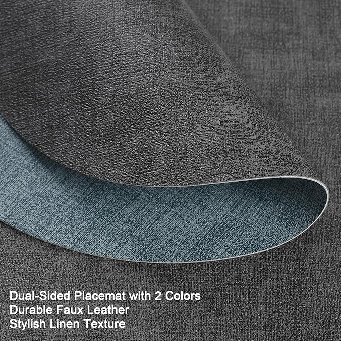 Myir JUN Round Placemats, Dual Sided Faux Leather Place Mats Set of 6 Indoor/Outdoor Non-Slip Washable Table Mats (Gray Light Blue, Set of 6)