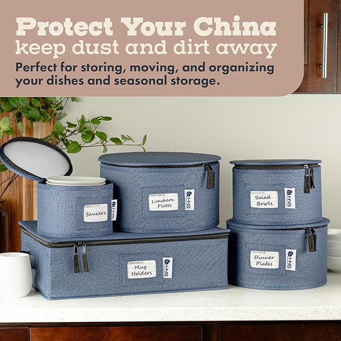 Dinner Plates Storage Container - Hard Shell China Organizer with Dividers - Holds 12 Plates of 10" - Durable & Stackable Storage Box for Seasonal Dishware Protection - Denim Blue