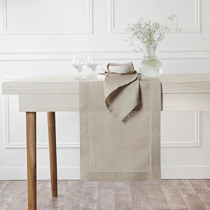 D'Moksha Homes Linen Natural Table Runner 132 Inches Long - 100% Pure Linen Extra Long Table Runner 14 x 132 Inch for Valentines, Spring, Easter - Classic Hemstitch
