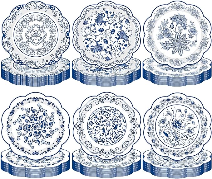 Umigy 120 Pcs 7 Inch Blue and White Floral Disposable Plates Blue Chinoiserie Floral Dessert Paper Plates for Wedding Bridal Shower Party Supplies