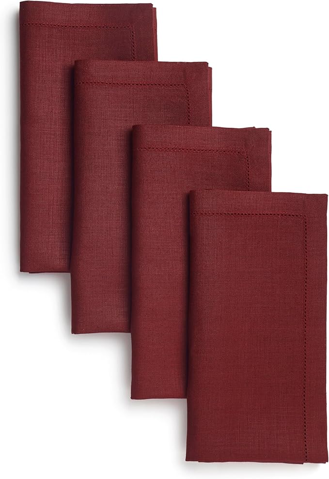 D'Moksha Homes Dark Red Linen Napkins Set of 4 - Classic Hemstitch 100% Pure Linen Hemstitch Dinner Napkins 20 x 20 Inch for Valentines, Spring - Handcrafted and Machine Washable