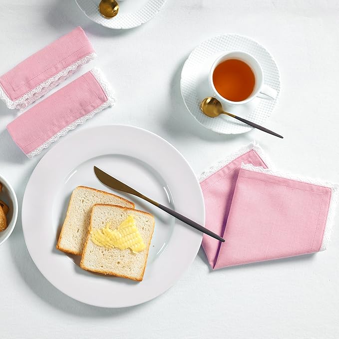 Fingercraft Dinner Cloth Napkin Cotton Linen Blend 12 Pack 12In Mitered Corners with Elegant Lace for Everyday Use Napkins Cloth are Pre Shrunk and Good Absorbency Pastel Rose