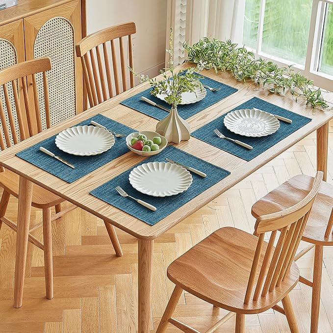 Softalker Faux Linen Placemats Set of 12-12 x 18 Inch, Heat Resistant Double Layered Durable Burlap Farmhouse Place Mats, Non-Slip Washable Rustic Table Mats for Dining, Kitchen, Party（Navy Blue