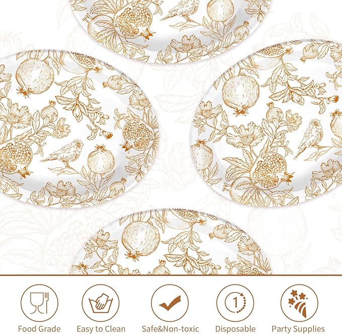 Grencian 50Pcs Fall Brown Pomegranate Oval Paper Plates 10"x12" Large Thanksgiving Party Plates Disposable Heavy Duty Autumn Pomegranate Platter for Fall Theme Party Decorations Harvest Party Supplies
