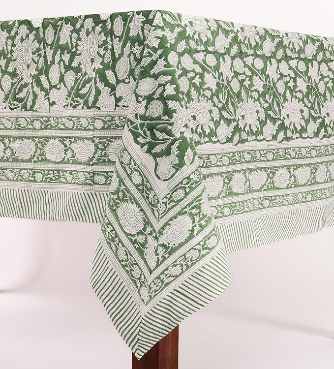 ATOSII Meraki Green 100% Cotton Fall Tablecloth, Handblock Print Rectangle Table Cover for Kitchen Dining Linen I Parties, Thanksgiving, Christmas, Wedding, Table Cloth I 72 X 120 Inches I 10 Seater