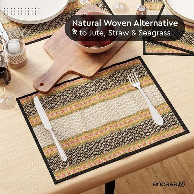 Encasa XO Woven Black Placemats Set of 4 – 12" x 17" | Handwoven Madurkathi Grass Table mats for Dining Table, Kitchen & Outdoor Decor | Durable & Heat‑Resistant