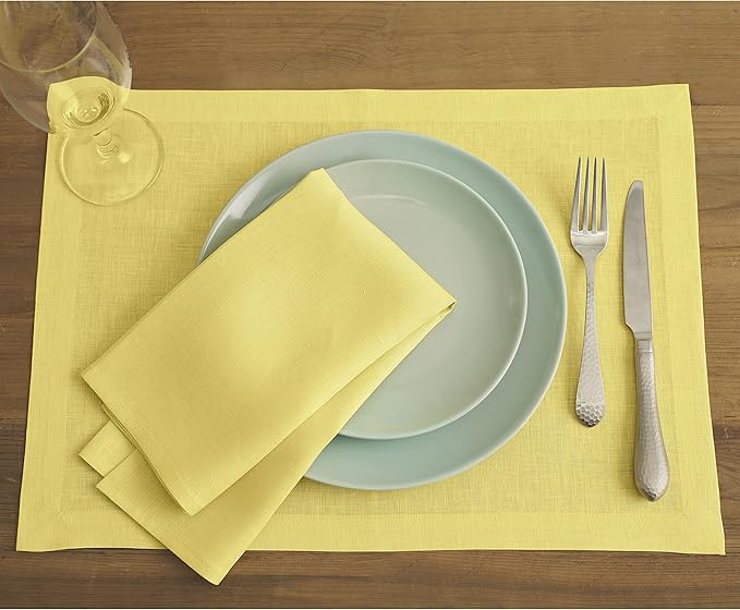 Solino Home Linen Placemats Set of 4 - Sunshine Yellow Placemats 14 x 19 Inch - 100% Pure Linen Table Place Mats for Spring, Easter - Fete