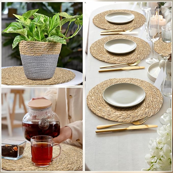 Elcoho 4 Pieces Round Woven Placemats 13.8 Inch Boho Rattan Placemats Farmhouse Braided Place Mats Woven Plate Chargers Rustic Wicker Table Mats for Dining Table