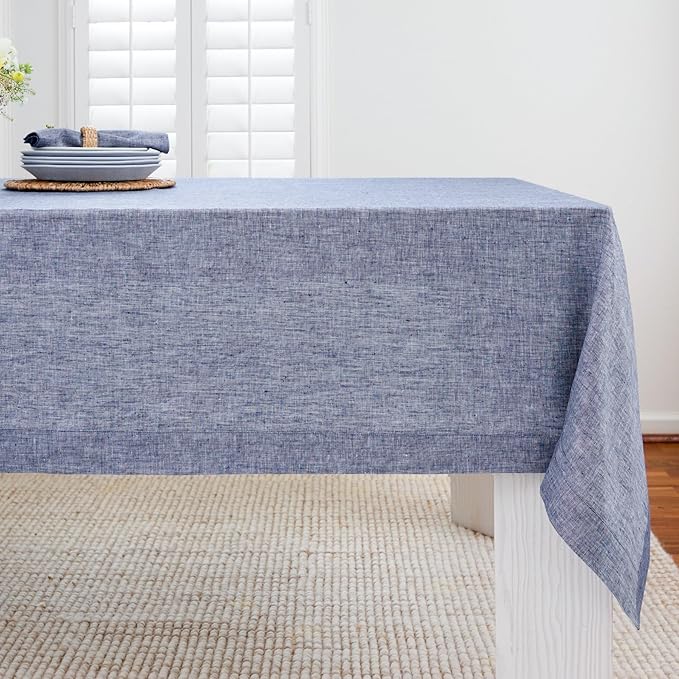 Solino Home Linen Tablecloth 60 x 90 Inch - 100% Pure Linen Chambray Indigo Table Cloth for Rectangle Tables - Athena, Machine Washable Tablecloth for Spring, Easter