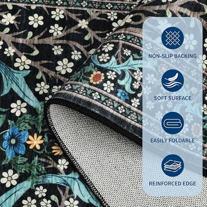 GarveeHome Kitchen 2x6 Runner Rug, Floral Washable Rugs for Hallways Non Slip Stain Resistant, Boho Soft Rug Botanical Carpet for Entryway, Laundry Room, Bedroom Floor Mat, Black