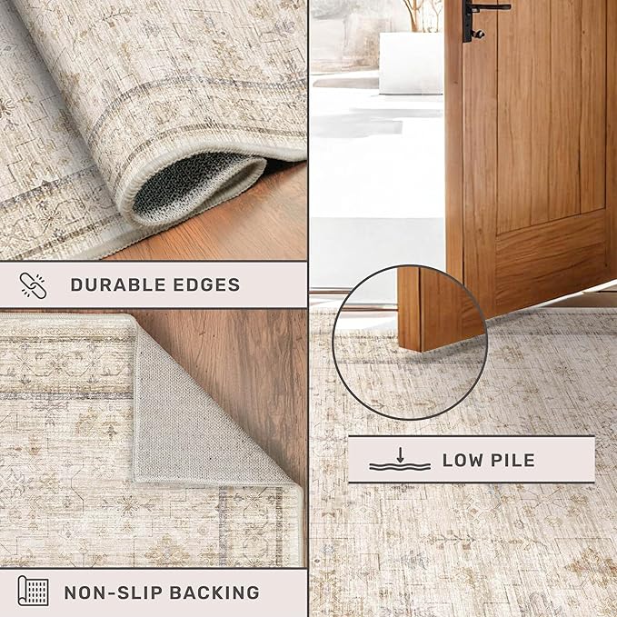 Farmhouse Bathroom Rug 2x3 Beige, Machine Washable Small Non Slip Indoor Entryway Area Rug, Low Pile Thin Neutral Vintage Design for Bedside, Kitchen