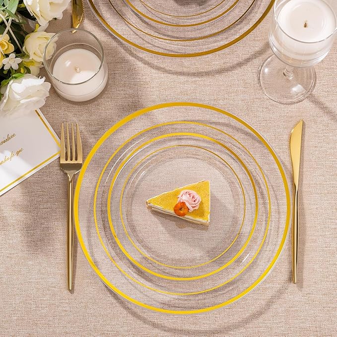 I00000 100Pcs Small Clear Gold Dessert Plates,Clear Disposable Plates with Gold Rim 7 Inch,Premium Hard Fancy Small Plate,Perfect for Birthday, Wedding & Party