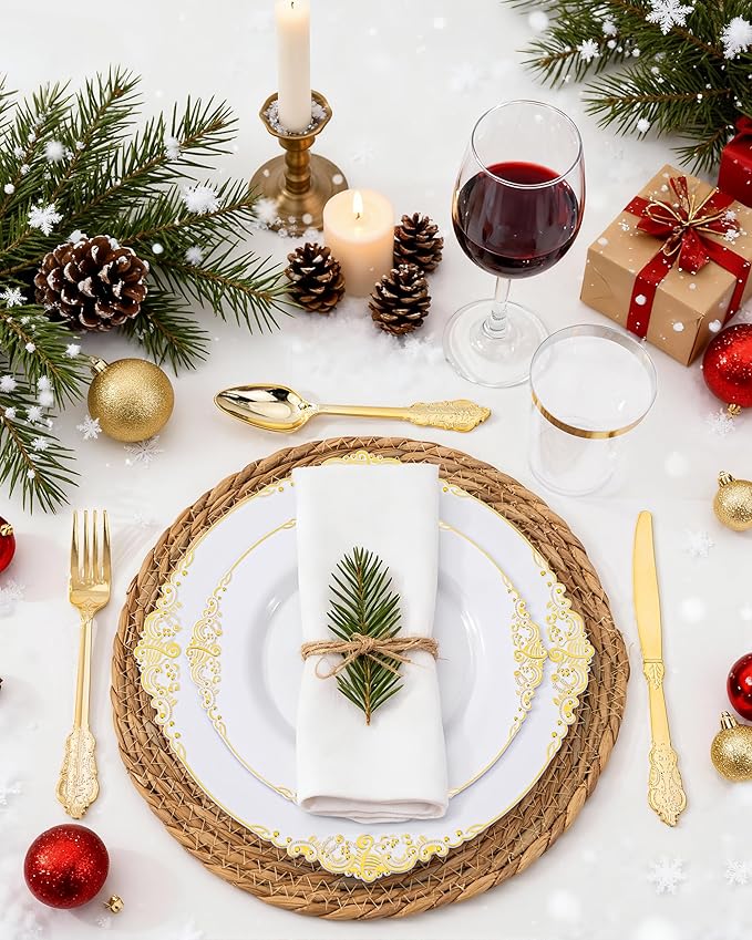 Nervure 100Pcs White and Gold Plastic Plates - 7.5inch Gold Disposable Plates - Heavyweight Plastic Dessert Plate for Wedding & Party