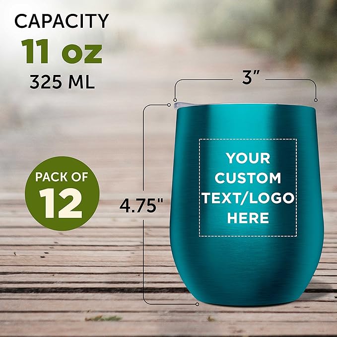 Custom Stemless Wine Glass Tumblers with Lids by Largo 11 oz. Set of 12, Personalized Bulk Pack - Perfect for Wine, Cocktails, Other Hot & Cold Beverages - Teal
