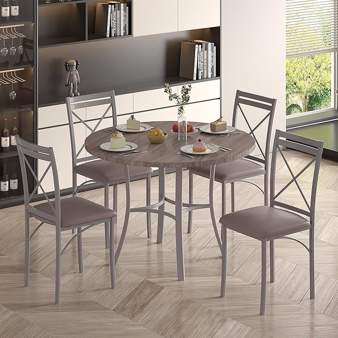 VECELO 5 Piece Dining Table Set for 4, Wood Grain Dinette with Chairs for Kitchen, Breakfast Nook, Small Space, Light Grey